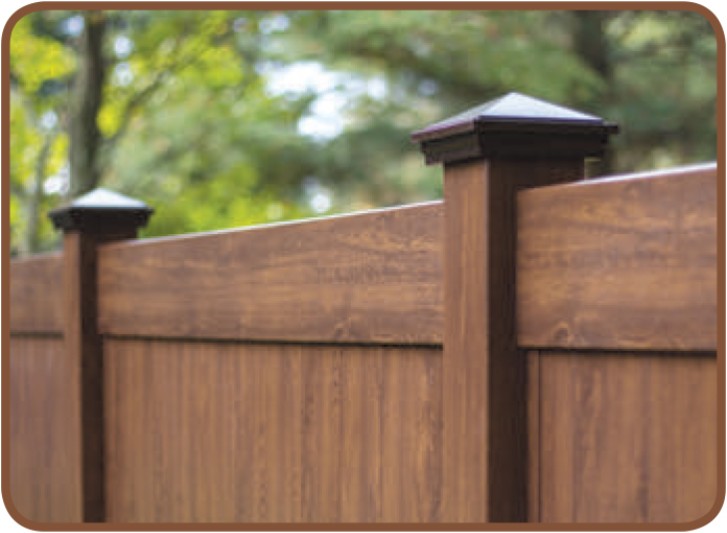 Laminated VEKA Privacy Fence in Walnut laminate finish