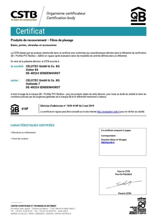 Certification CSTB CELOTEC VEKA SPECTRAL
