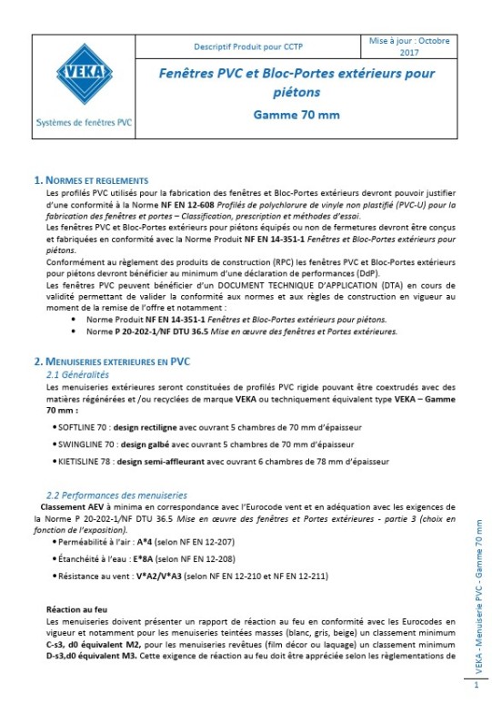 Descriptif VEKA pour CCTP Gamme 70