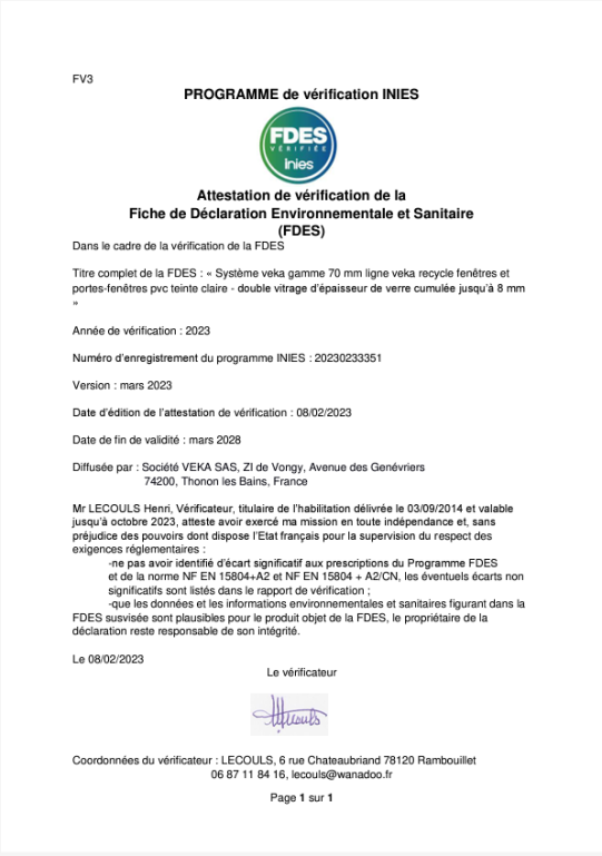 Attestation FDES Fenêtres et portes-fenêtres PVC VEKA REcycle 70% teinte claire