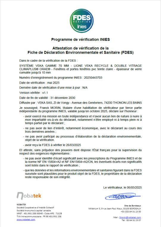 Attestation FDES Fenêtres et portes-fenêtres PVC VEKA REcycle ORAE teinte claire