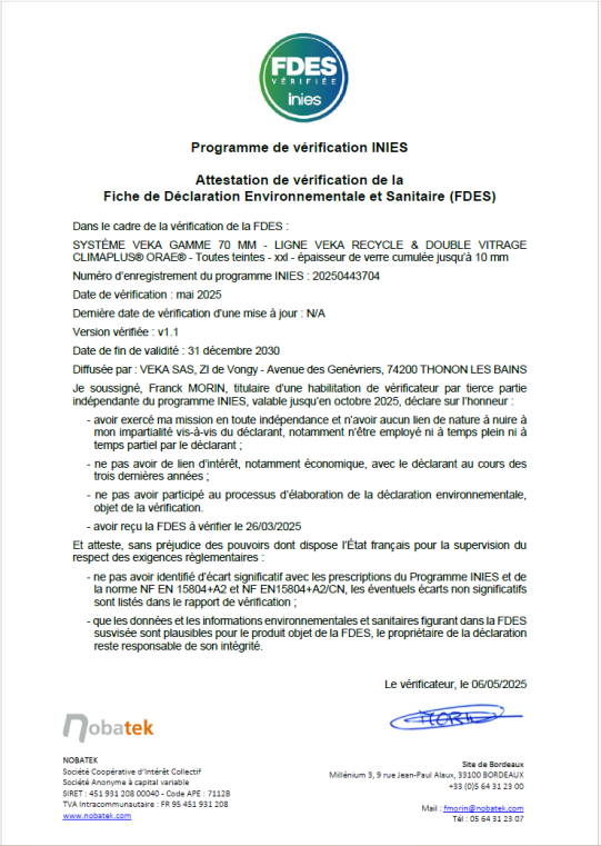 Attestation FDES Fenêtres et portes-fenêtres PVC VEKA REcycle ORAE toutes teintes XXL