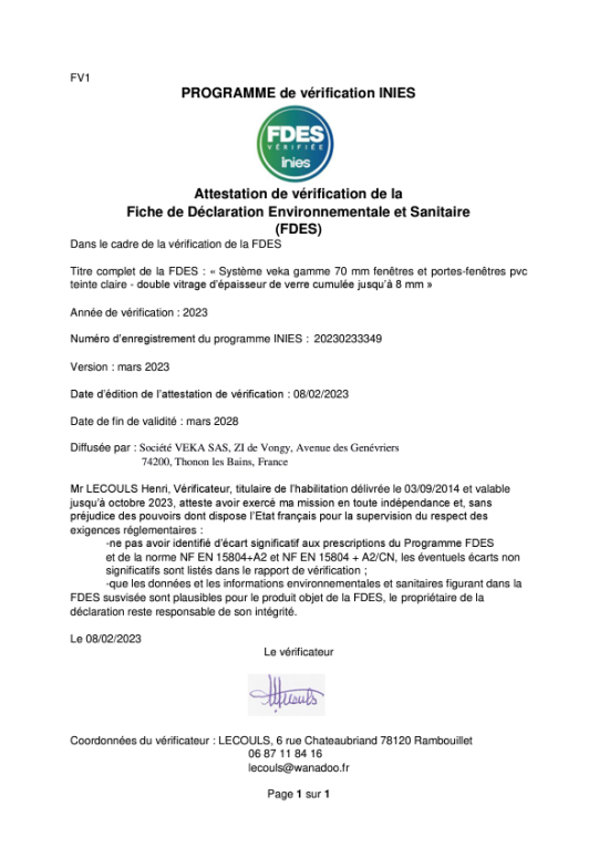  Attestation FDES Fenêtres et portes-fenêtres PVC VEKA standard teinte claire