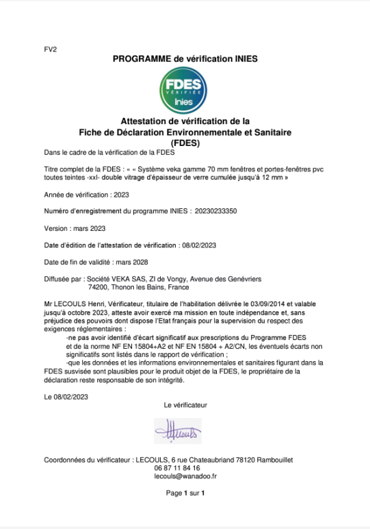  Attestation FDES Fenêtres et portes-fenêtres PVC VEKA standard teinte foncée XXL