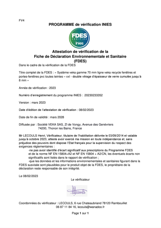 Attestation FDES Fenêtres et portes-fenêtres PVC VEKA REcycle 70% teinte foncée XXL