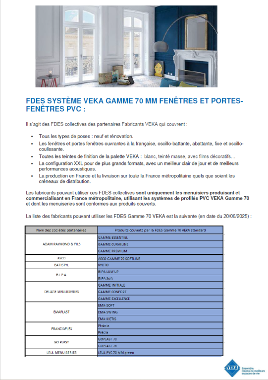 Liste des partenaires et produits ayant droit FDES VEKA Gamme 70 standard