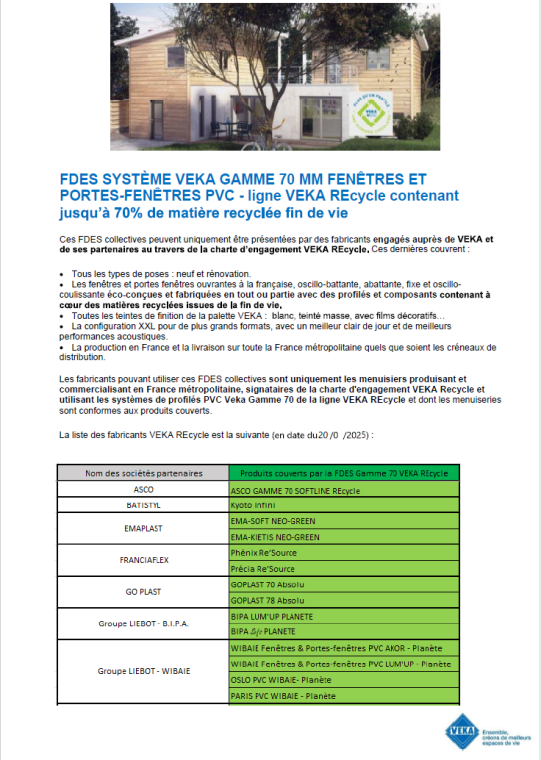  Liste des partenaires et produits ayant droit FDES VEKA REcycle