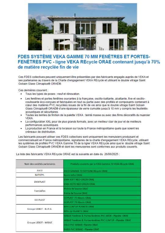 Liste des partenaires et ayants droit FDES VEKA REcycle ORAE