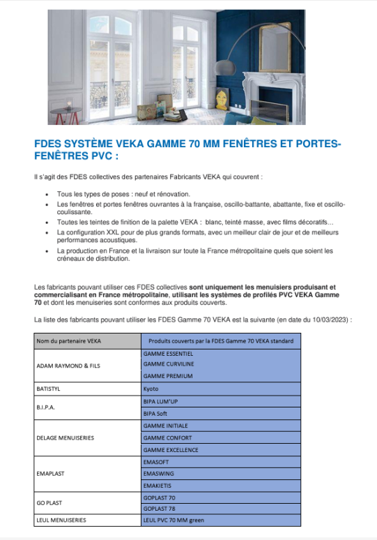 Liste des partenaires et produits ayant droit FDES VEKA Gamme 70 standard
