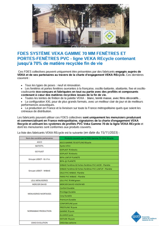  Liste des partenaires et produits ayant droit FDES VEKA REcycle