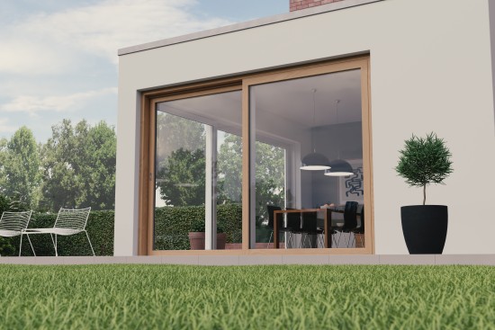 Fenêtre avec une finition en teinte bois.