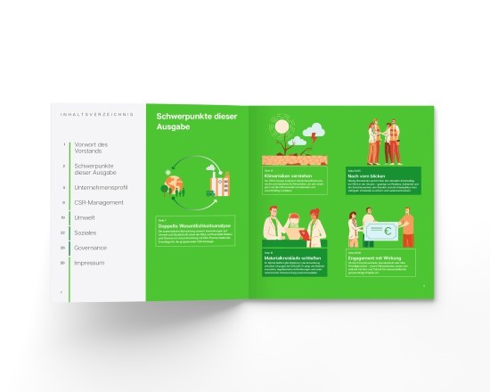 Ein Blick ins Booklet: Die vierte Ausgabe gibt einen kompakten Einblick in unsere Nachhaltigkeitsstrategie und -aktivitäten und zeigt, wie wir Verantwortung in der VEKA Gruppe leben.