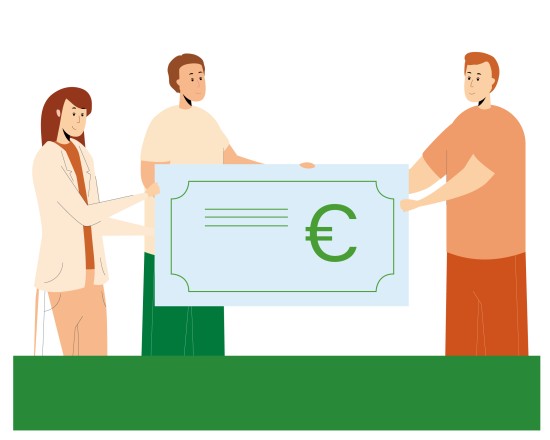 Illustration of people handin gove a donation cheque