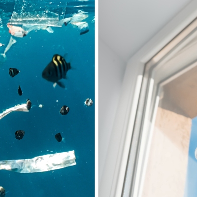 Kunststoffschwimmt im Meer und nachhaltiges PVC-Fenster