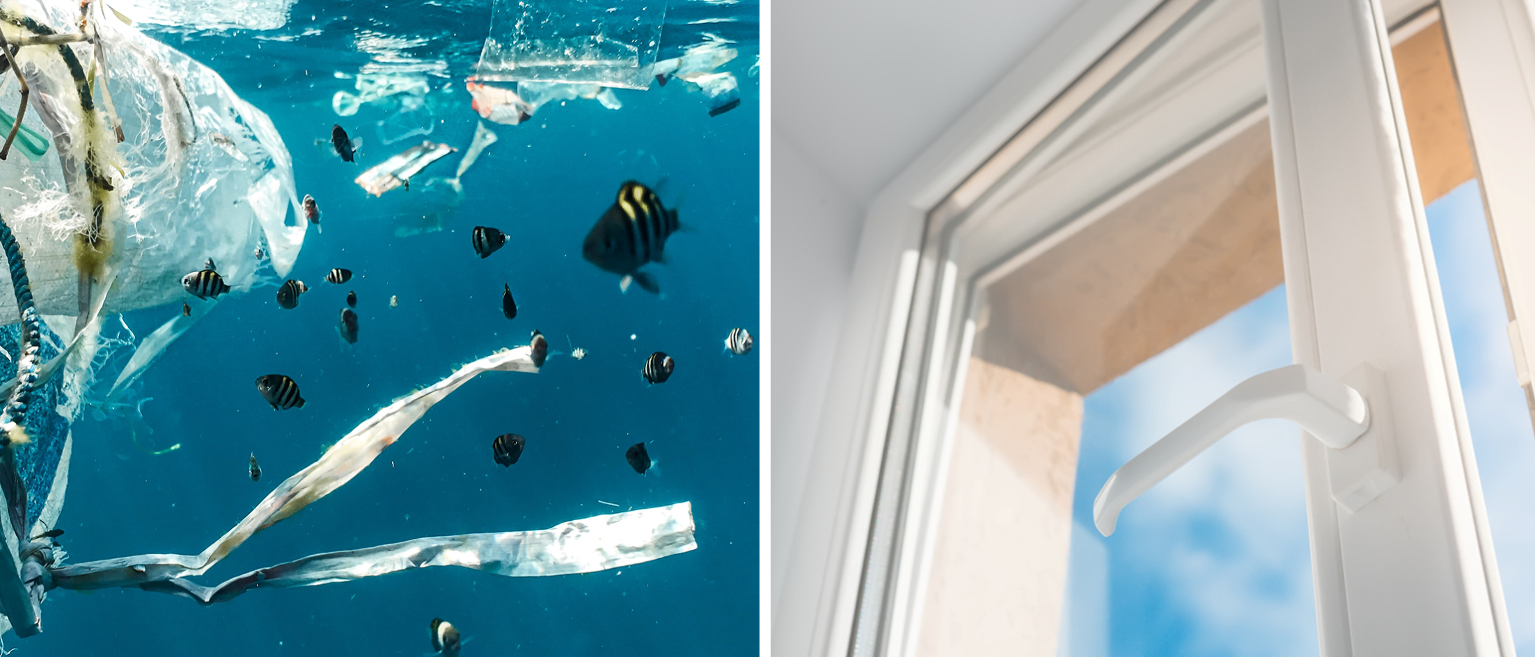 Plastic swims in the ocean and sustainable PVC window frame