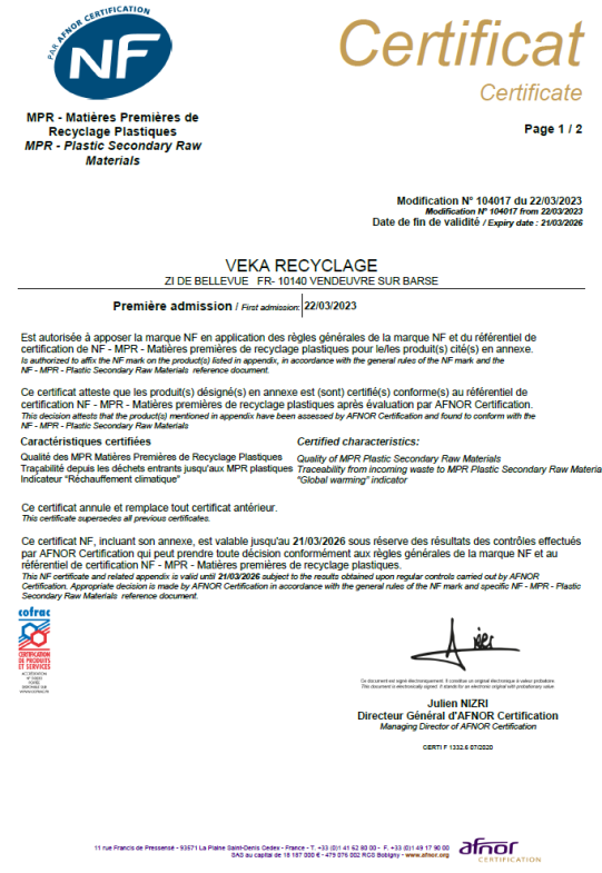 Certificat NF par AFNOR CERTIFICATION