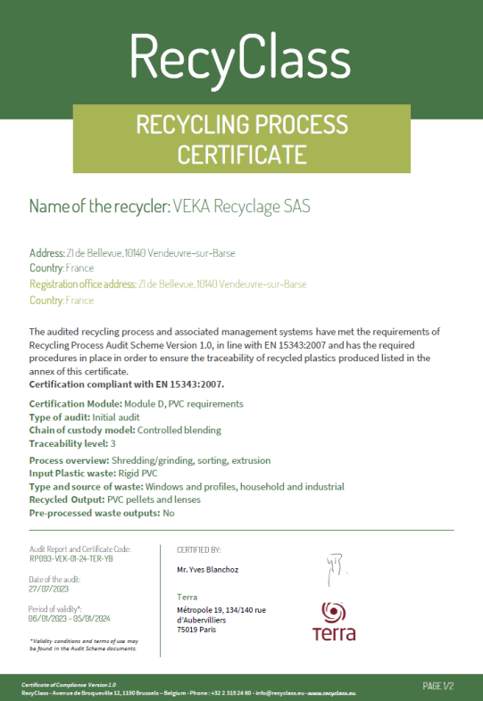 RECYCLING PROCESS CERTIFICATE