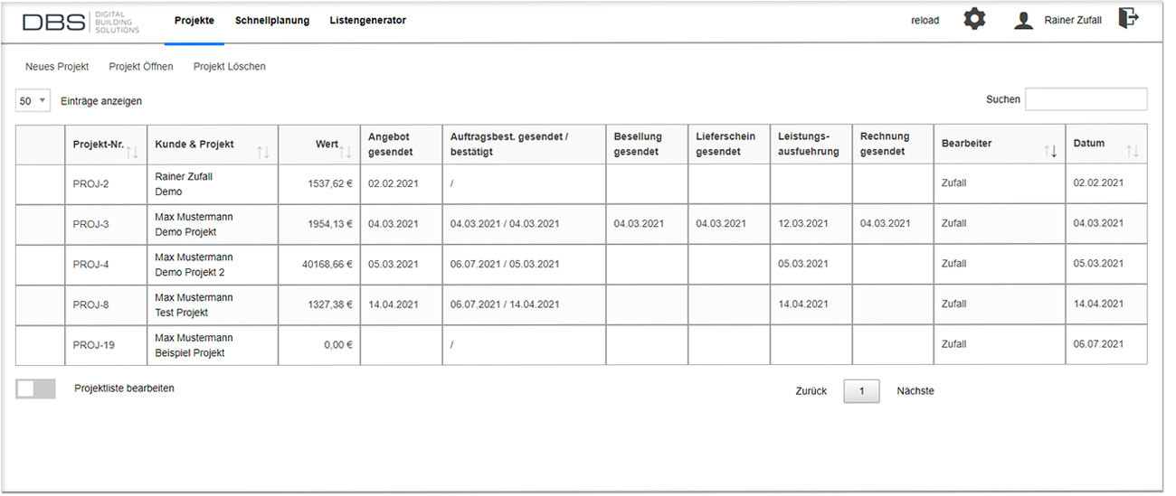 Projekt management using the trade module